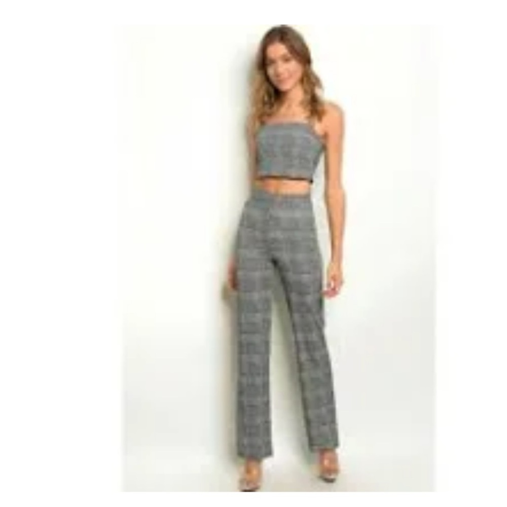FOREVER 21 2p Black White Glen Plaid Bandeau M Crop Top Ankle Pants S EUC $100